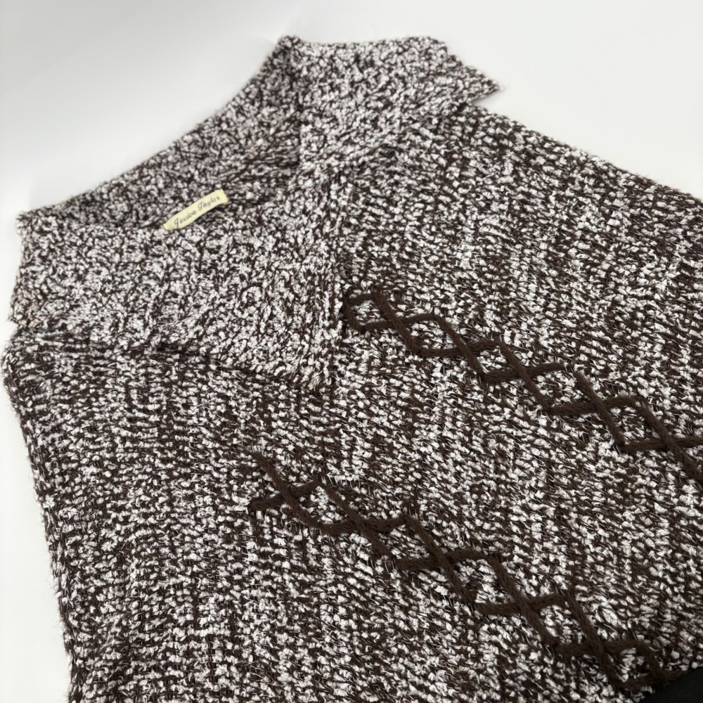 Jessica Taylor Women Speckled Brown Knit Shawl Poncho Fringe Boho Asymmetrical